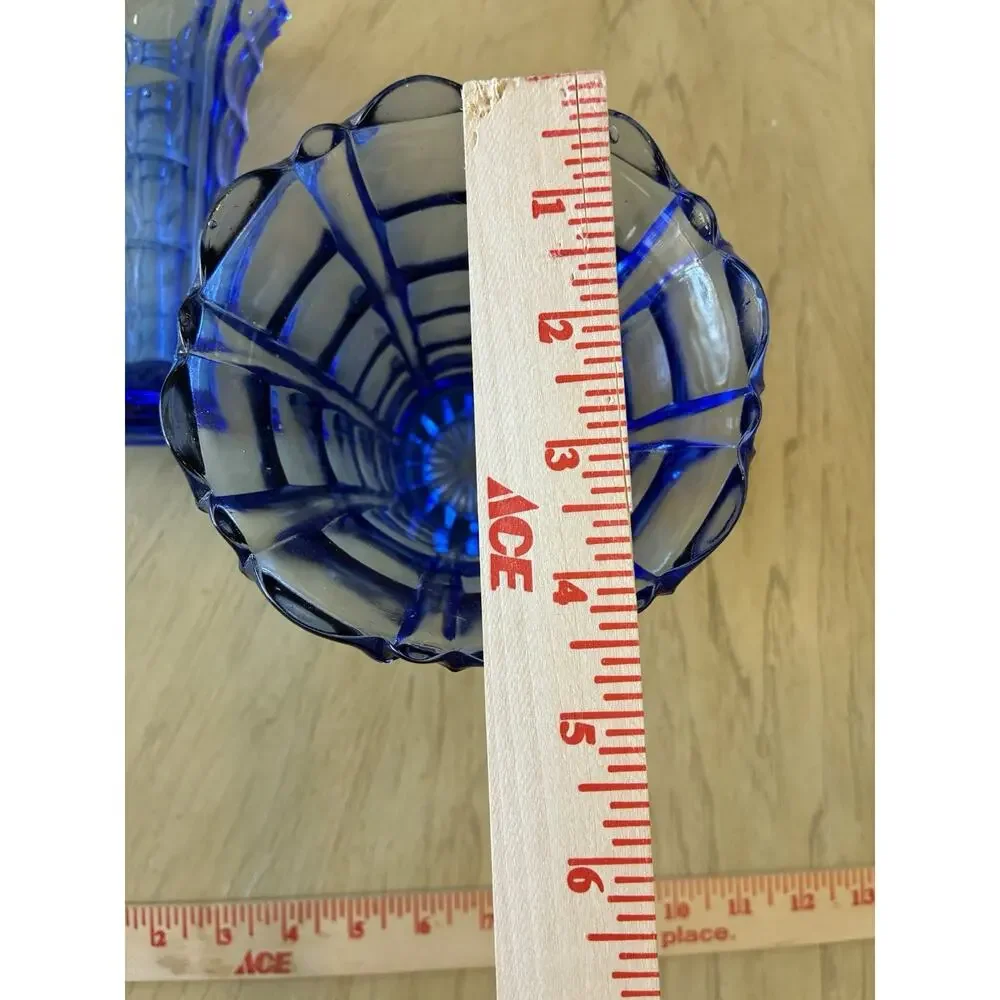 2 Vintage Cobalt Blue Pressed Glass Vases Ruffled Scalloped Edge Mid Century